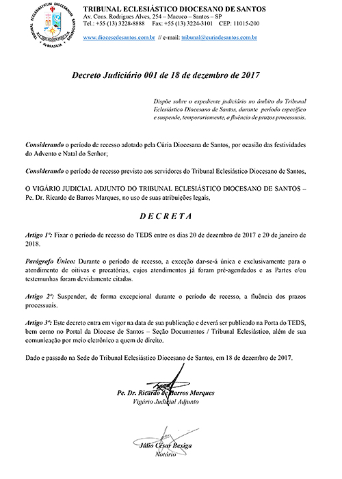 Decreto Judiciario 001 de 18 de dezembro de 2017