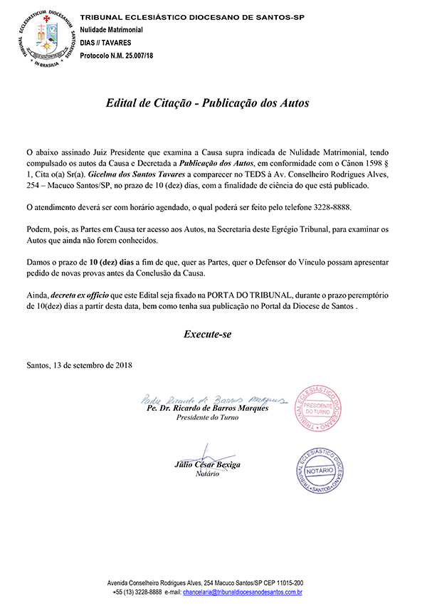 Edital de Citacao Publicação dos Autos 13 09 2018