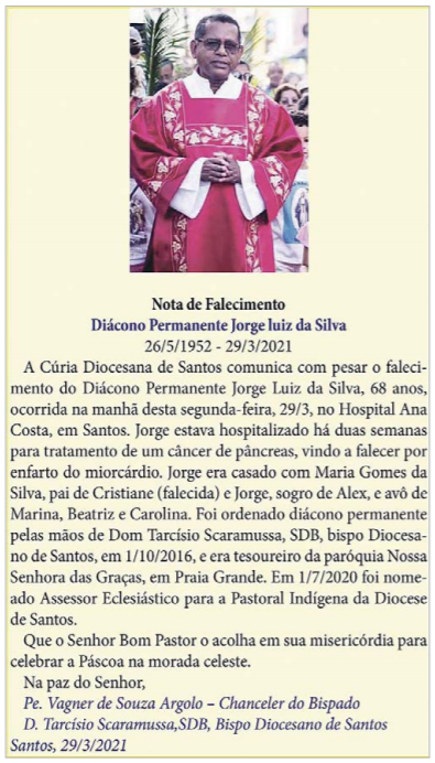 nota de falecimento diacono jorge luiz silva